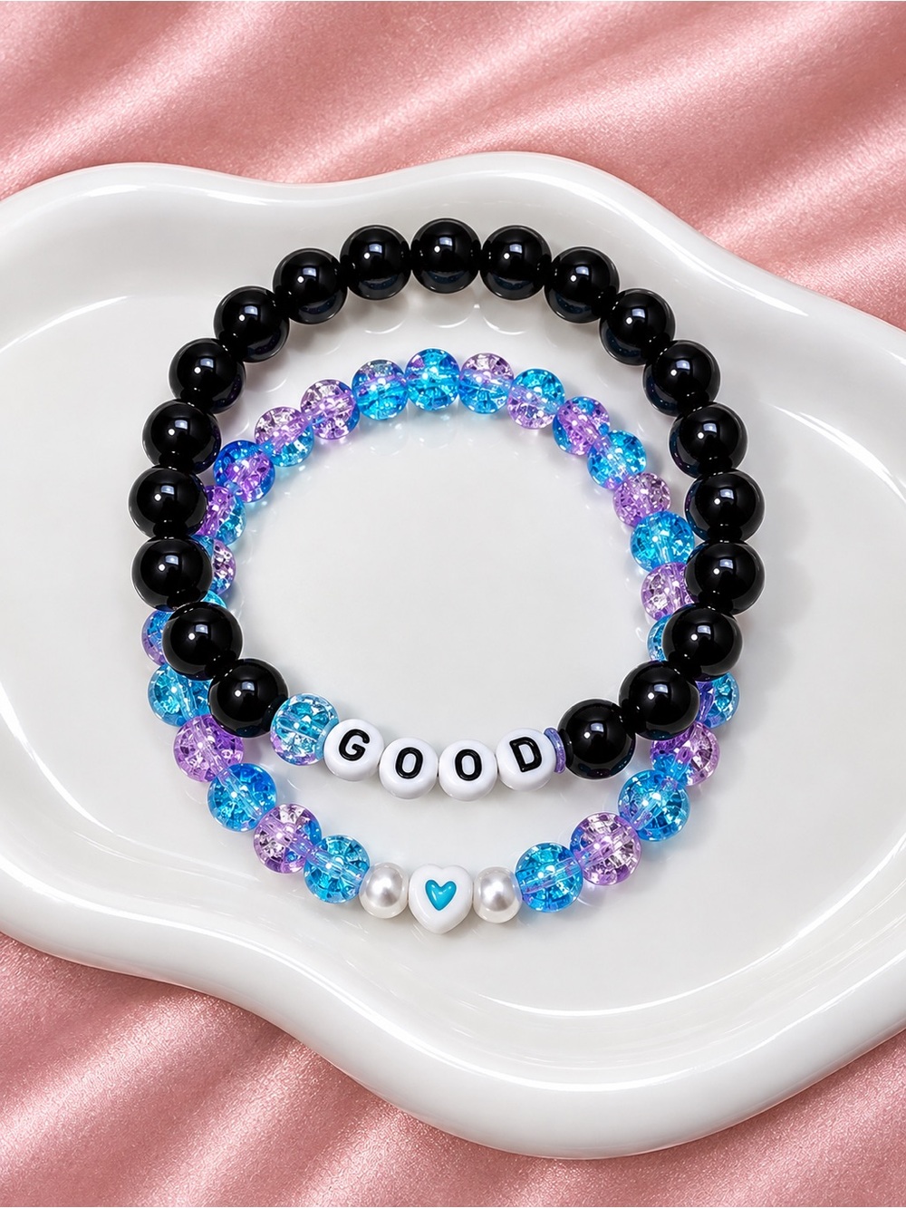 Beaded Bracelet Set - Black and Blue-Purple